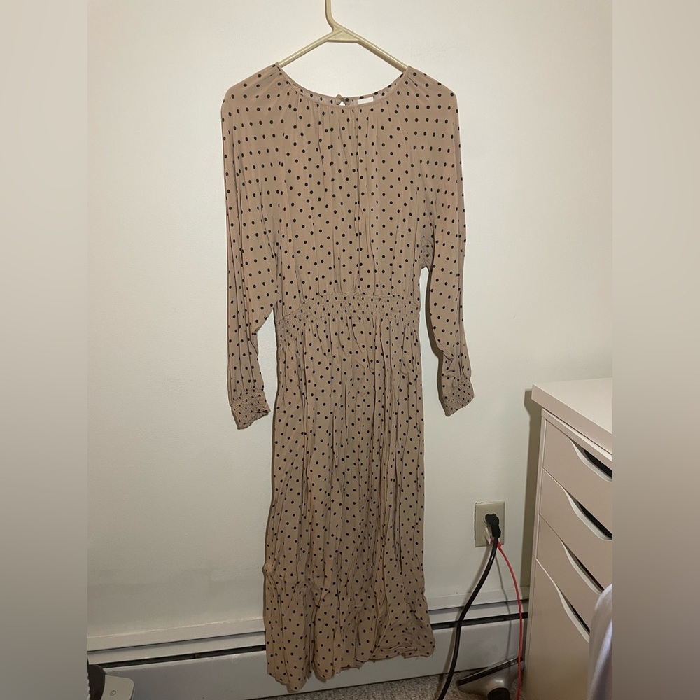 H&M - Polka Dot Long Sleeve Maxi Dress - Tan and Black - Size S